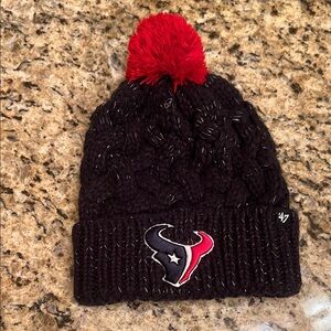 47 Brand Texans Black Knit Beanie with Red Pom